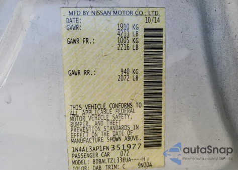 2015 Nissan Altima 2.5 z USA, uszkodzony, nr VIN 1N4AL3AP1FN351977